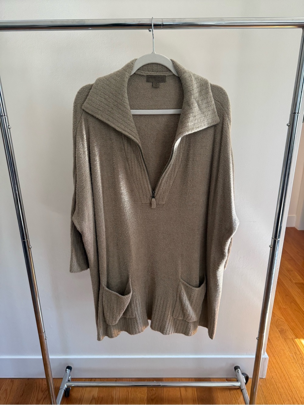 Barefoot Dreams Taupe Zip-Neck Tunic Sweater with Pockets